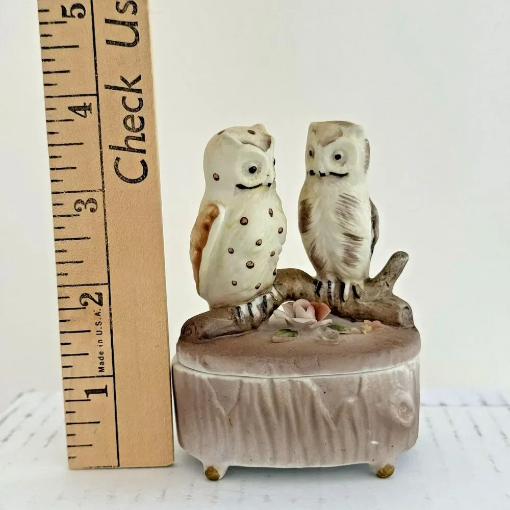Trinket Box Ring Box Perched Owls Figurine Floral Accent Brown Bisque 5090 Japan